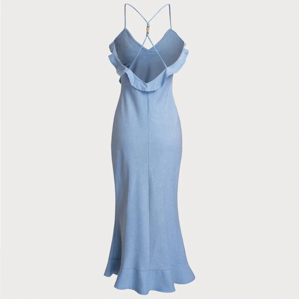 Blue V Neck Mermaid Ruffle Slip Midi Dress - Picture 2 of 4